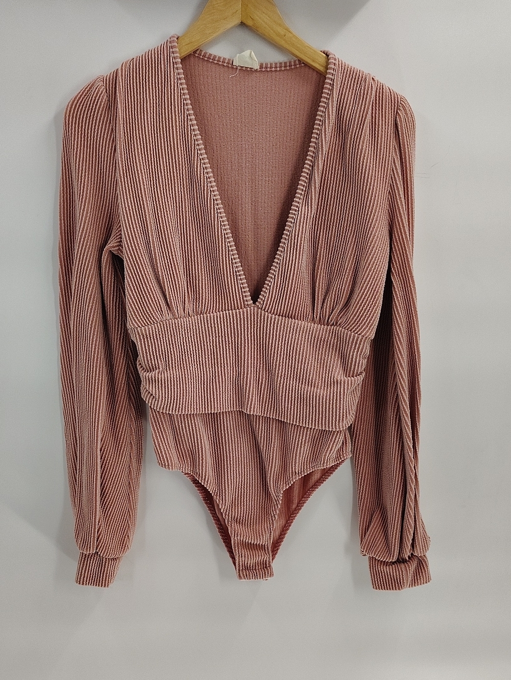 Blue Buttercup Bodysuit Pink Long V Neck Long Sleeve Ribbed Stretch